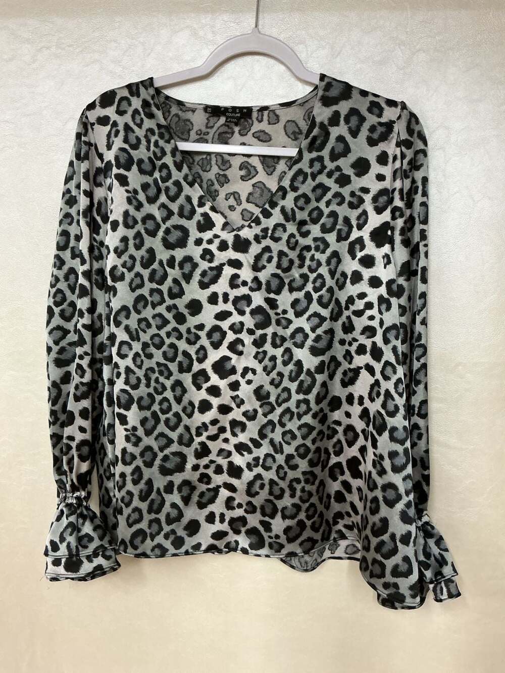 Posh Couture Grey Leopard Print V-Neck Satin Blouse with Ruffle Cuffs